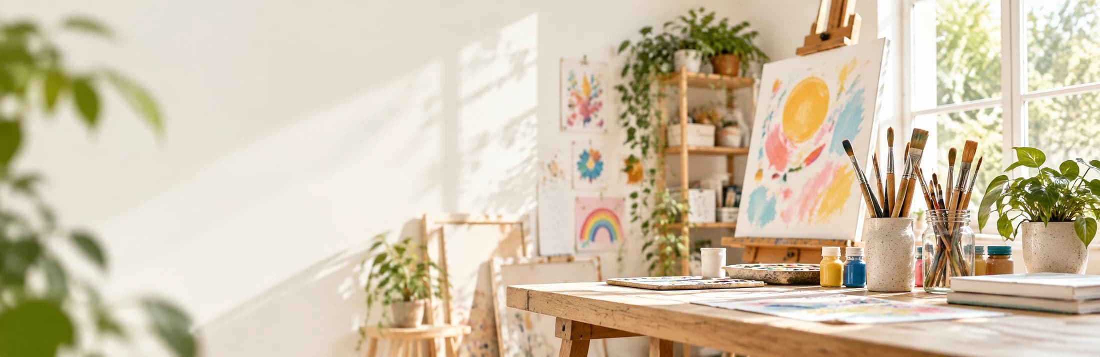 A bright, welcoming art studio with easels, brushes, plants, and natural light